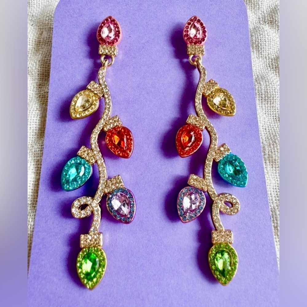 New Pink Purple Multicolor Christmas Lights Rhinestone Crystal Earrings 3”